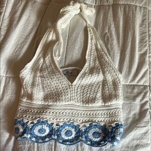 Hollister Women's White and Blue Crochet Halter Top
